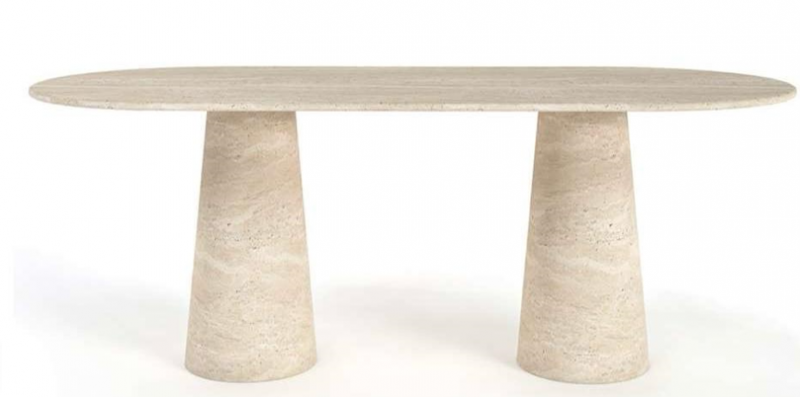 table en travertin ovale sur pieds coniques, parfaite pour une salle à manger moderne