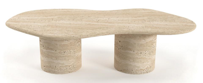 table en travertin pièce artistique aux formes organiques et pieds cylindriques