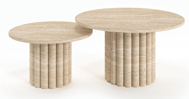 duo de tables rondes aux pieds cannelés sculptés dans la pierre