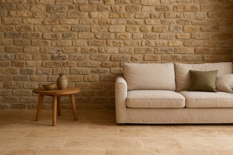 Sol en travertin beige pour intérieur chaleureux